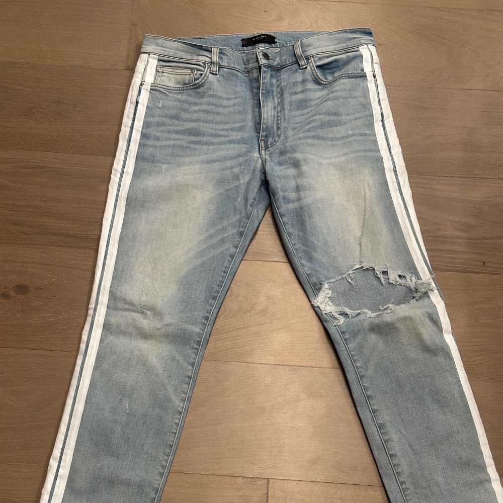 AMIRI Track Stripe Jeans - EUC - Men's 34 - Light Blue - Skinny/Slim Distressed